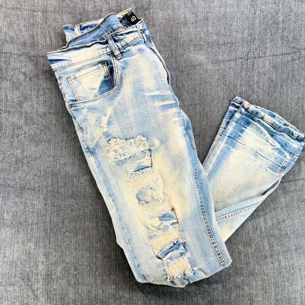 Another Hype Piece Jeans Mens 40 Light Blue Cotton Slim Distressed Acid Wash